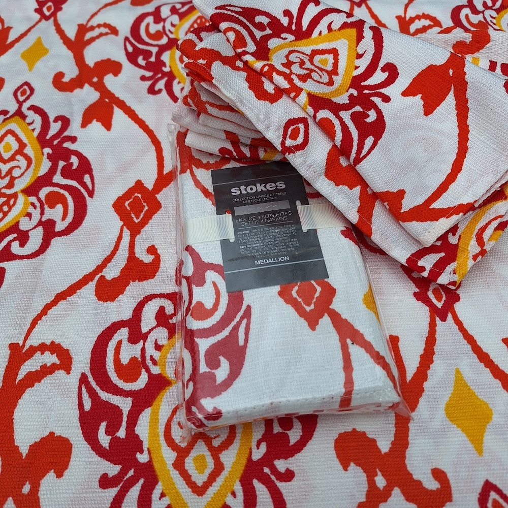 Red, Orange and Yellow Damask Tablecloth and 4 Napkin Set